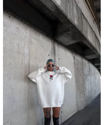 Oversize Üç İplik Bisiklet Yaka Baskılı SweatShirt - Beyaz