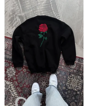 Oversize Üç İplik Bisiklet Yaka Baskılı weathirt  iyah