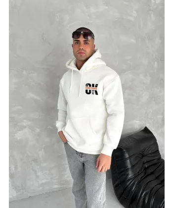 Oversize Üç İplik Kapüşonlu SweatShirt - Beyaz