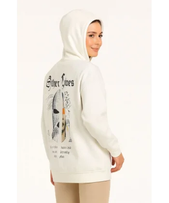 Oversize Üç İplik Şardonlu Kapüşonlu Sweatshirt – Beyaz “Other Lives” Ön Ve Arka Baskılı, Kanguru Cepli, Ribanalı Rahat Kışlık Model Beyaz