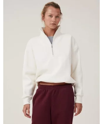 Oversize Yarım Farmuarlı Yakalı Basic SweatShirt - Beyaz