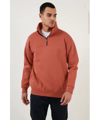 Oversize Yarım Farmuarlı Yakalı Basic SweatShirt - Gül Kurusu