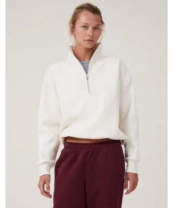 Oversize Yarım Farmuarlı Yakalı Basic weathirt  Beyaz