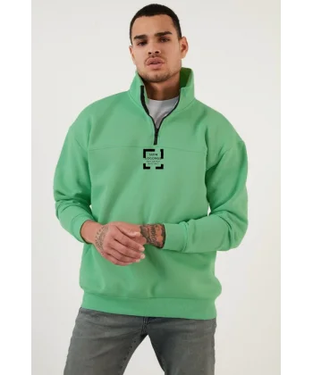 Oversize Yarım Farmuarlı Yakalı Özel Tasarım Basic SweatShirt - Açık Yeşil
