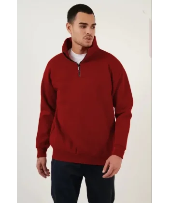 Oversize Yarım Farmuarlı Yakalı Özel Tasarım Basic SweatShirt - Bordo