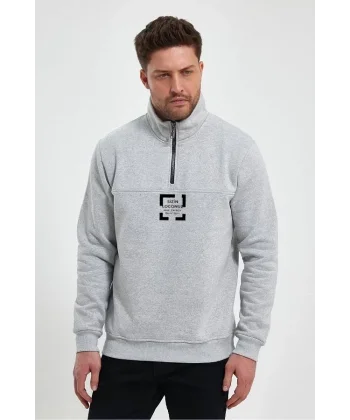 Oversize Yarım Farmuarlı Yakalı Özel Tasarım Basic SweatShirt - Gri