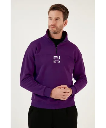 Oversize Yarım Farmuarlı Yakalı Özel Tasarım Basic SweatShirt - Mor