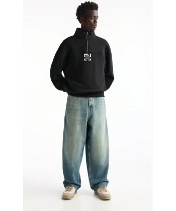 Oversize Yarım Farmuarlı Yakalı Özel Tasarım Basic SweatShirt - Siyah