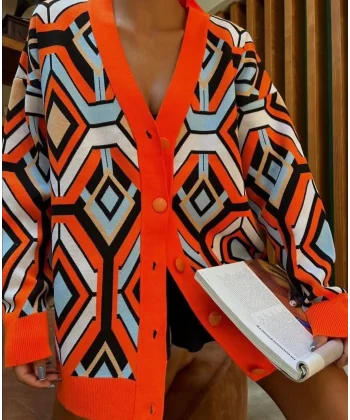 Özel Tasarım Turuncu Çelik Örgü Triko Kadın Hırka