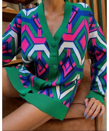 Özel Tasarım Yeşil Çelik Örgü Triko Kadın Hırka