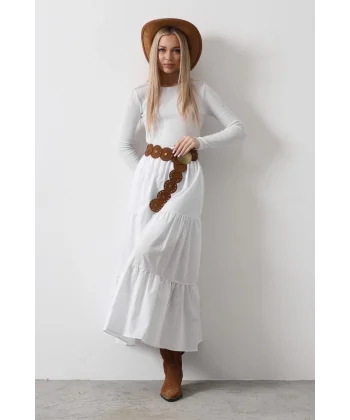 Pamuklu Beli astikli Etek  Beyaz