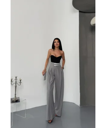 PANTOLON BEL ŞERİT DETAYLI - Gri