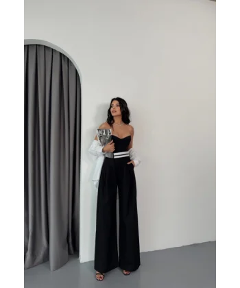 PANTOLON BEL ŞERİT DETAYLI - Siyah