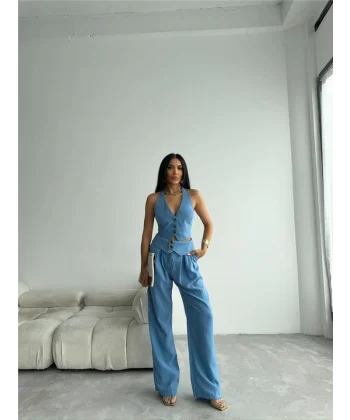 PANTOLON KENDİNDEN KEMER DETAYLI - Mavi