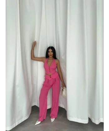 PANTOLON KENDİNDEN KEMER DETAYLI - Pembe