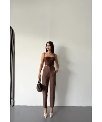 PANTOLON PENSLİ ATLAS KUMAŞ - Kahverengi