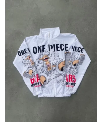 Paraşüt Kumaş Fermuarlı Dijital Baskılı Rüzgarlık - Beyaz