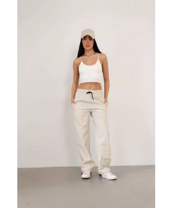 Paraşüt Kumaş Kargo Ceplı Baggy Eşofman- Bej