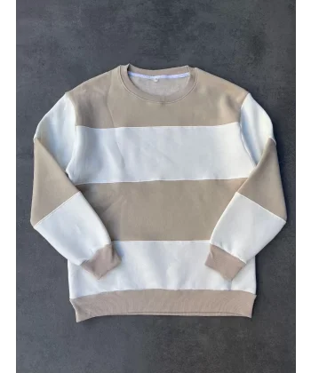 Parçalı Bisiklet Yaka Baskılı SweatShirt - Bej