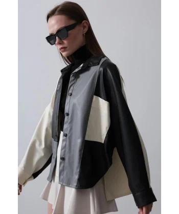 Parçalı Deri Gömlek  EkruiyahGri