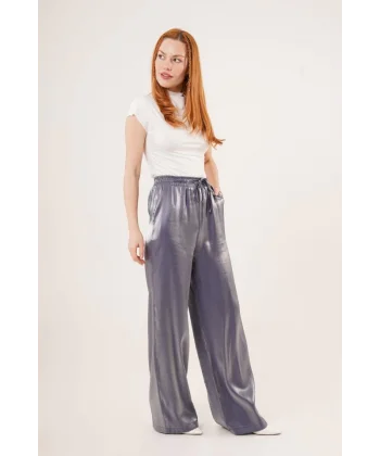 Parlak Görünümlü Cepli or Bol Paça Pantolon