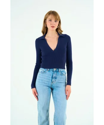 Patlı Polo Yaka Kazak  Lacivert