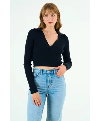 Patlı Polo Yaka Kazak  Siyah