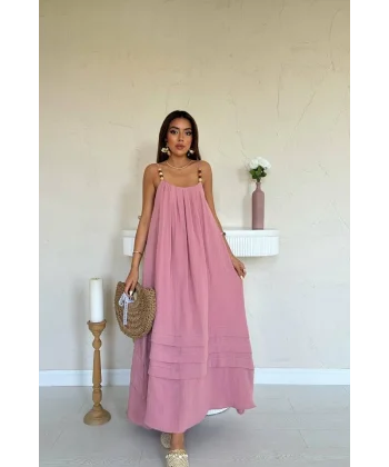 Pembe Askılı Müslin Elbise
