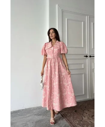 Pembe Bebe Yaka Balon Kollu Elbise