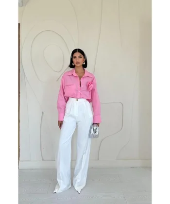 Pembe Fleto Cepli Poplin Gömlek