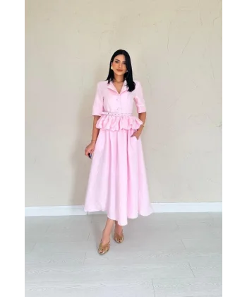 Pembe İnce Kemerli Fırfırlı Ceket Ve Büzgülü Etek Takım