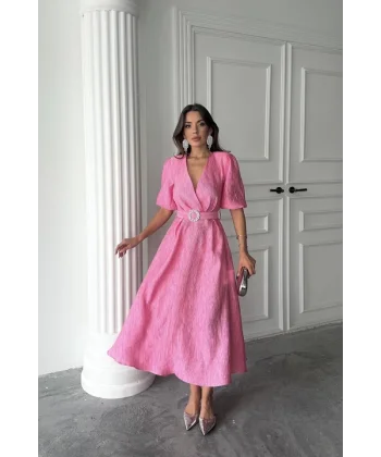 Pembe Işıltılı Kemerli Kruvaze Elbise