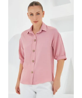 Pembe Kısa Kol Oversize Keten Gömlek 20240