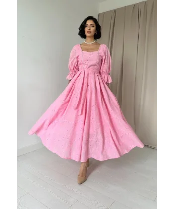 Pembe Kolu Lastikli Brode Elbise