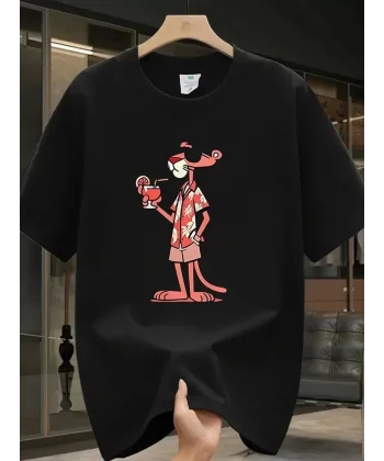 Pembe Panter Baskılı Erkek Oversize Günlük Kısa Kollu Tişört İlkbahar ve Yaz için Mükemmeldir - Siyah