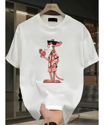 Pembe Panter Baskılı Erkek Oversize Günlük Kısa Kollu Tişört İlkbahar ve Yaz için Mükemmeldir - Beyaz