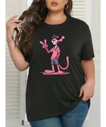 Pembe Panter Baskılı Oversize Bisiklet Yaka T-shirt - Beyaz
