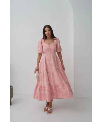 Pembe Süs Düğmeli Balon Kollu Elbise