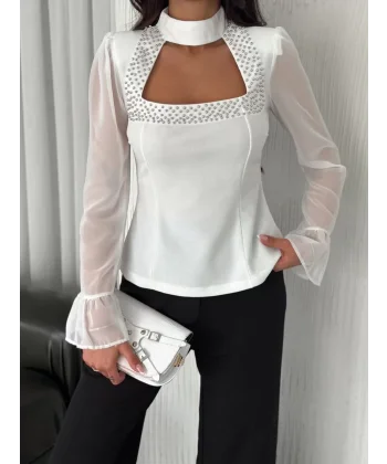 Penye Uzun Kollu Kadın Kolları Şifon Göğüste İnci Boncuk detaylı Bluz - Beyaz