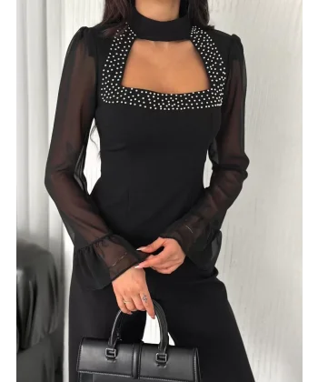 Penye Uzun Kollu Kadın Kolları Şifon Göğüste İnci Boncuk detaylı Bluz - Siyah
