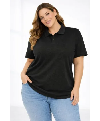 Pike Kumaş Düğmeli Yaka Battal Büyük Beden Günlük Kısa Kol Tişört T-shirt - Siyah