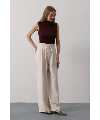 Pileli Bağcıklı Oversize Pantolon - Bej