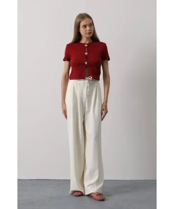 Pileli Bağcıklı Oversize Pantolon - Ekru