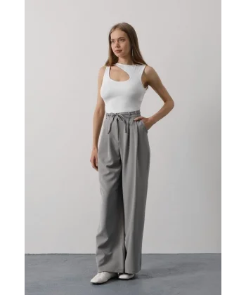 Pileli Bağcıklı Oversize Pantolon - Gri