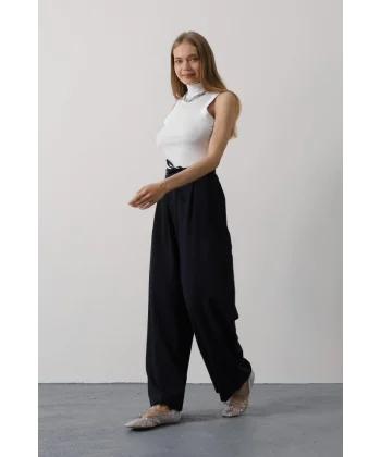 Pileli Bağcıklı Oversize Pantolon - Lacivert