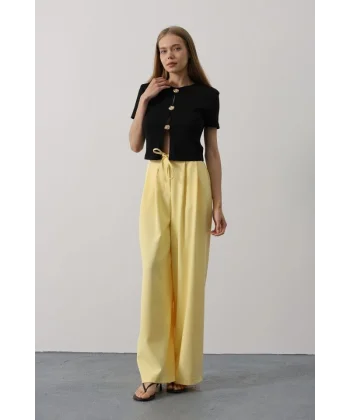 Pileli Bağcıklı Oversize Pantolon - Sarı
