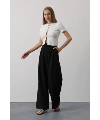 Pileli Bağcıklı Oversize Pantolon - Siyah