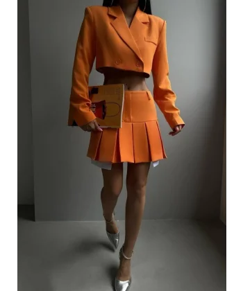 Pileli Etek Crop Ceket Takım