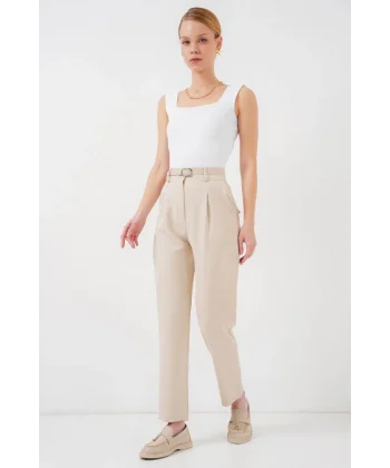 Pileli Kemerli Kumaş Pantolon 6725 - Krem