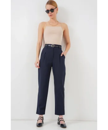 Pileli Kemerli Kumaş Pantolon 6725 - Lacivert